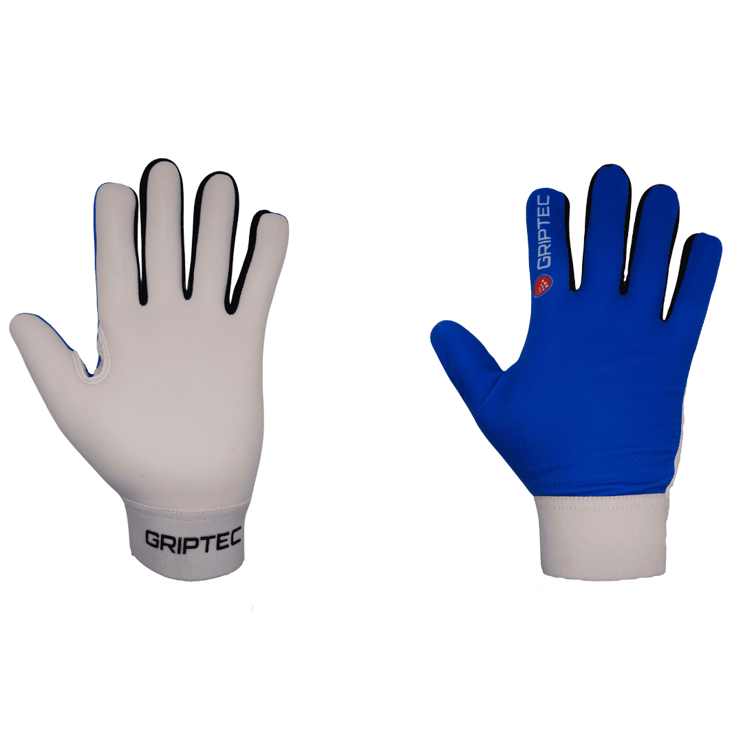 Blue GRIPTEC Gaelic football gloves, back view showing the Roubaix backhand and elasticated wristband