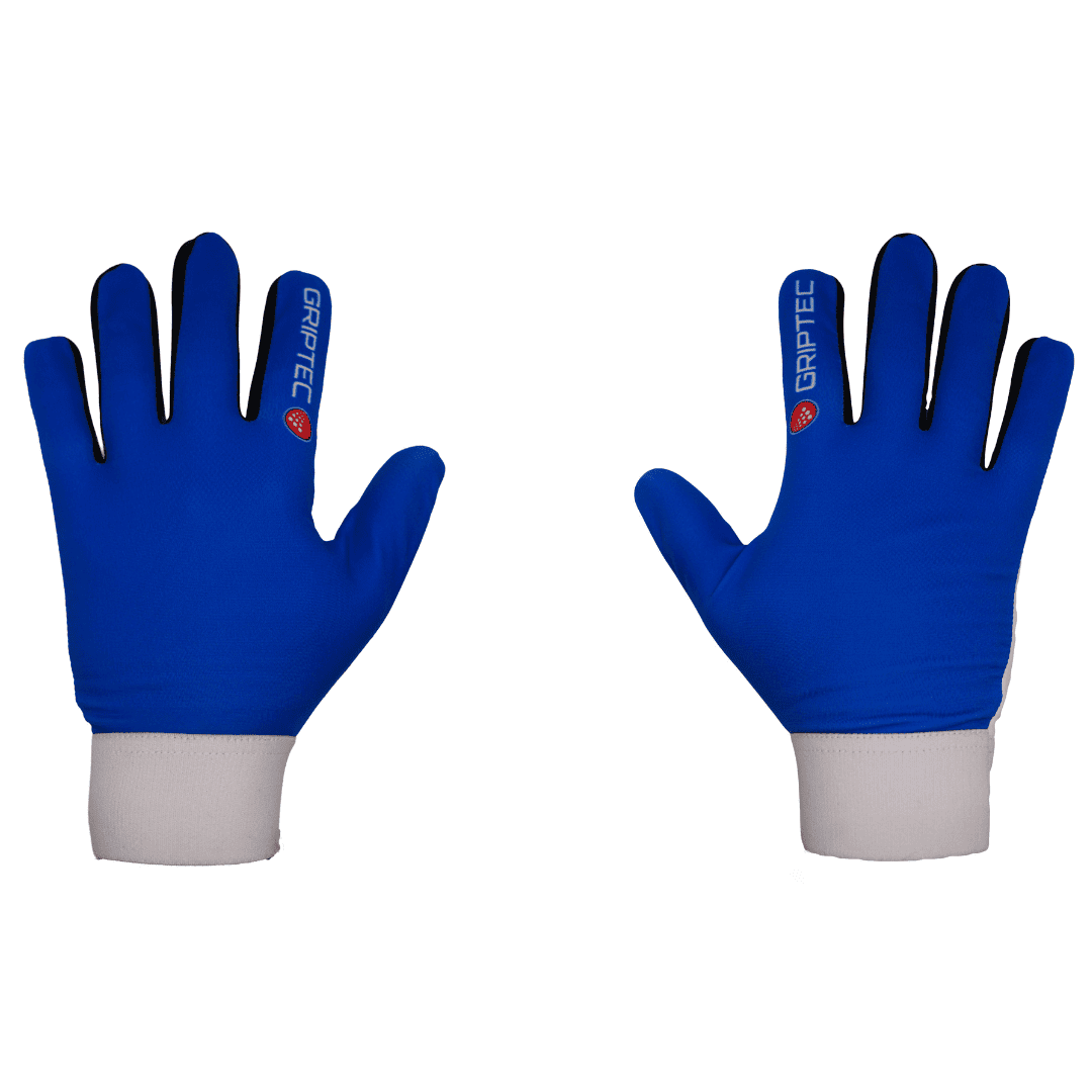 Blue GRIPTEC Gaelic football gloves, front view showing the 2.5mm latex palm