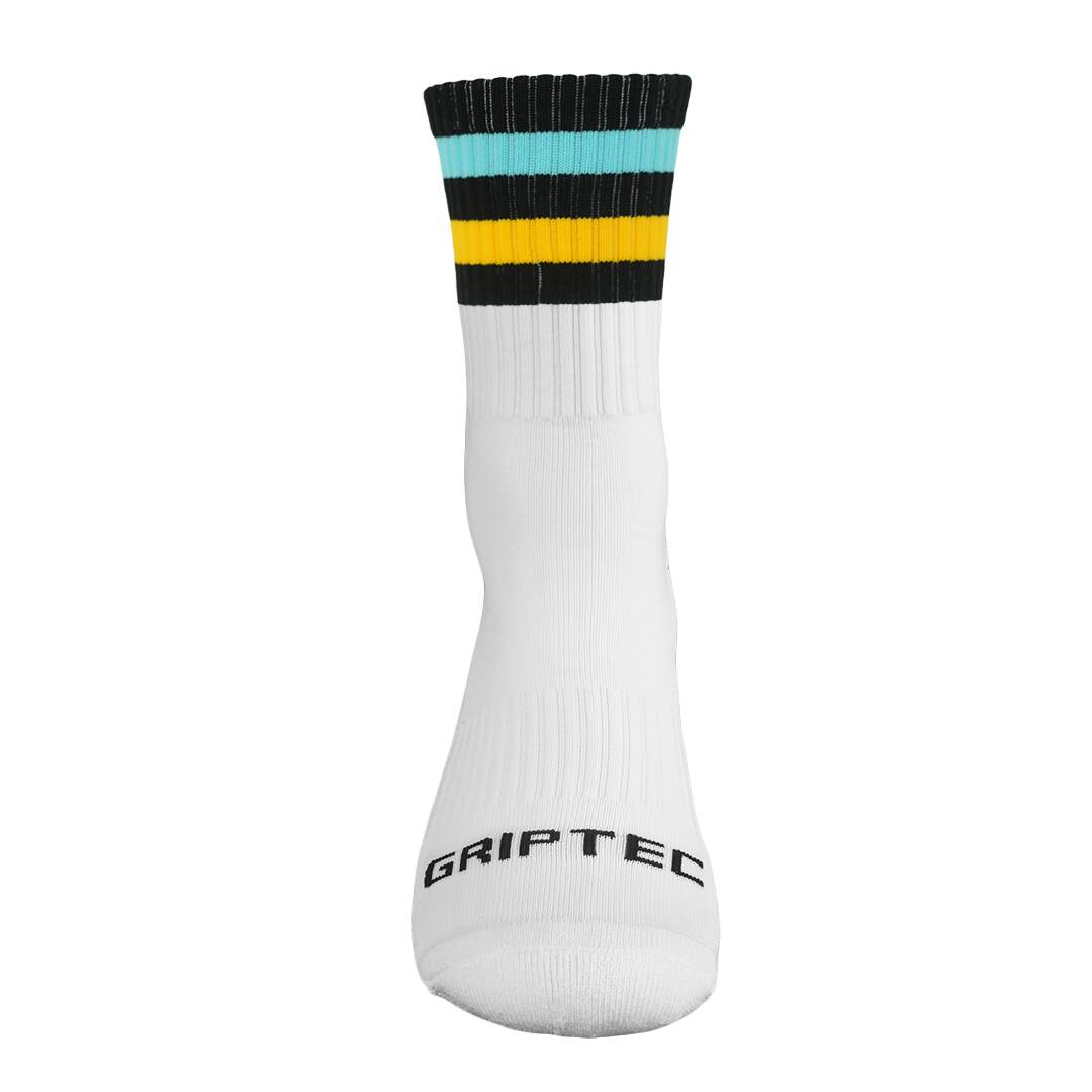 GRIPTEC Grip Socks – Black, Amber & Sky Blue Gaelic Games socks front view