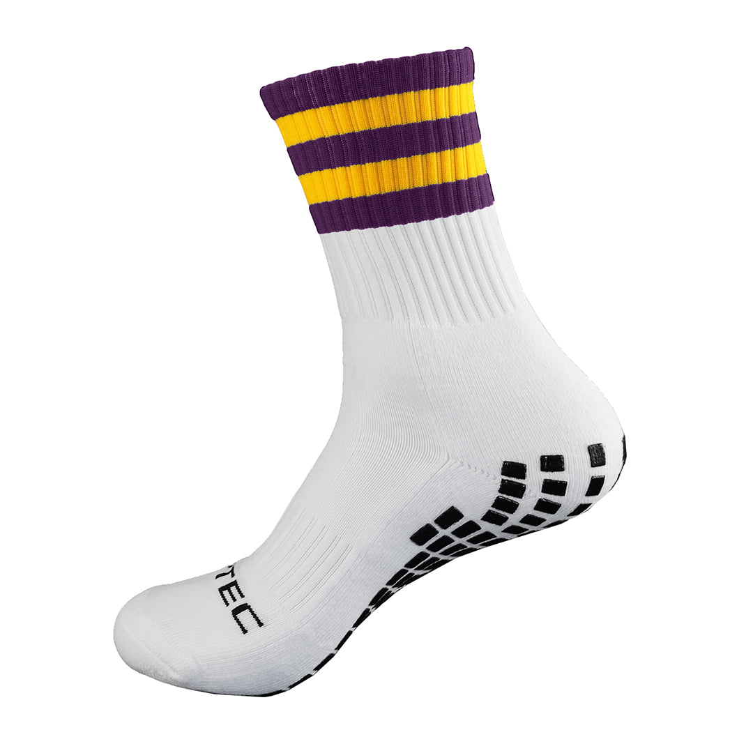 GRIPTEC Grip Socks – Dark Purple & Yellow Gaelic Games socks side view