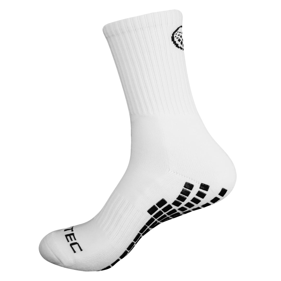 Griptec full length grip socks white for soccer and other sports side view