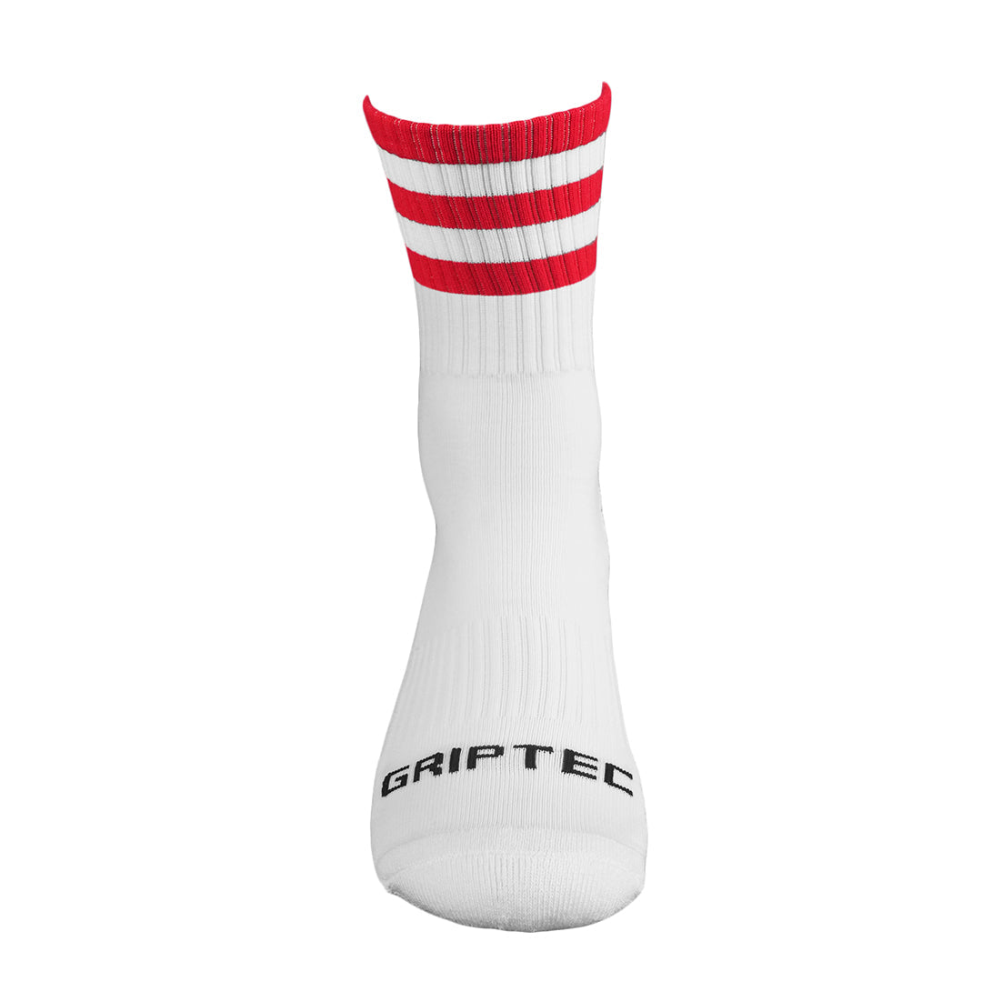Griptec red and white gaelic games grip socks front view
