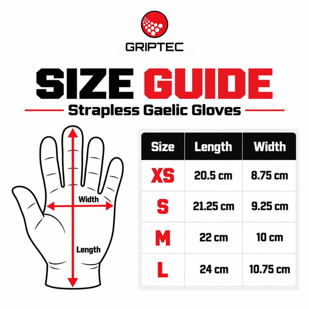 Gaelic football gloves size guide with hand length and width for sizes XS to L
