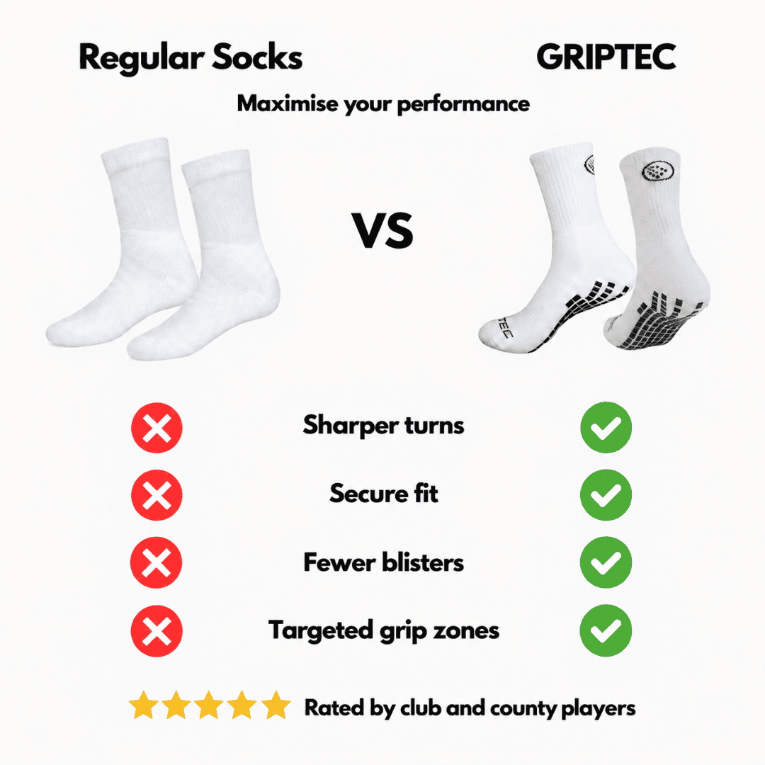 Griptec grip socks vs regular socks comparison showing sharper turns, secure fit, fewer blisters and targeted grip zones