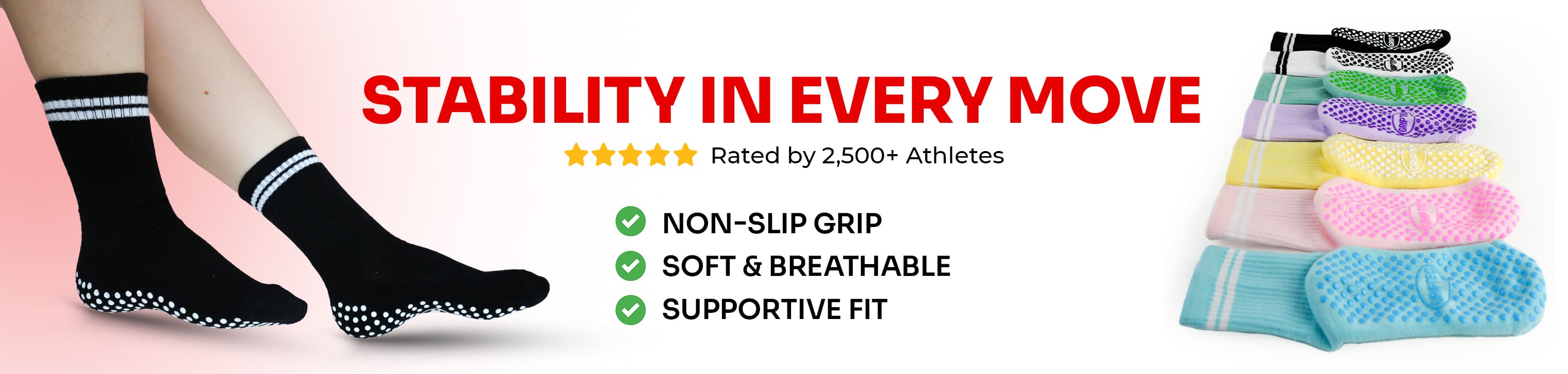GRIPTEC pilates grip socks in seven colours, showing the non-slip grip sole