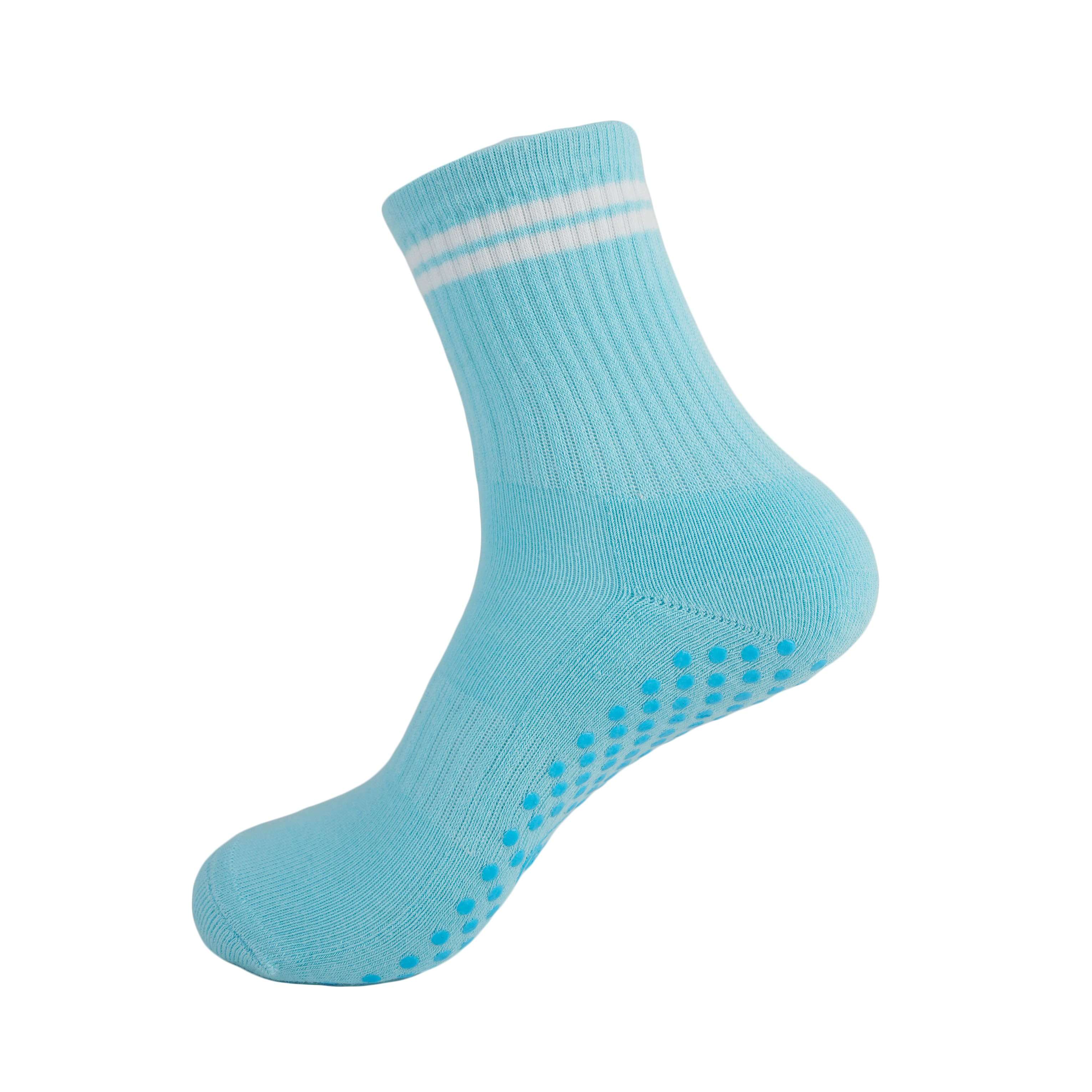 Blue and white GRIPTEC pilates grip socks, side view