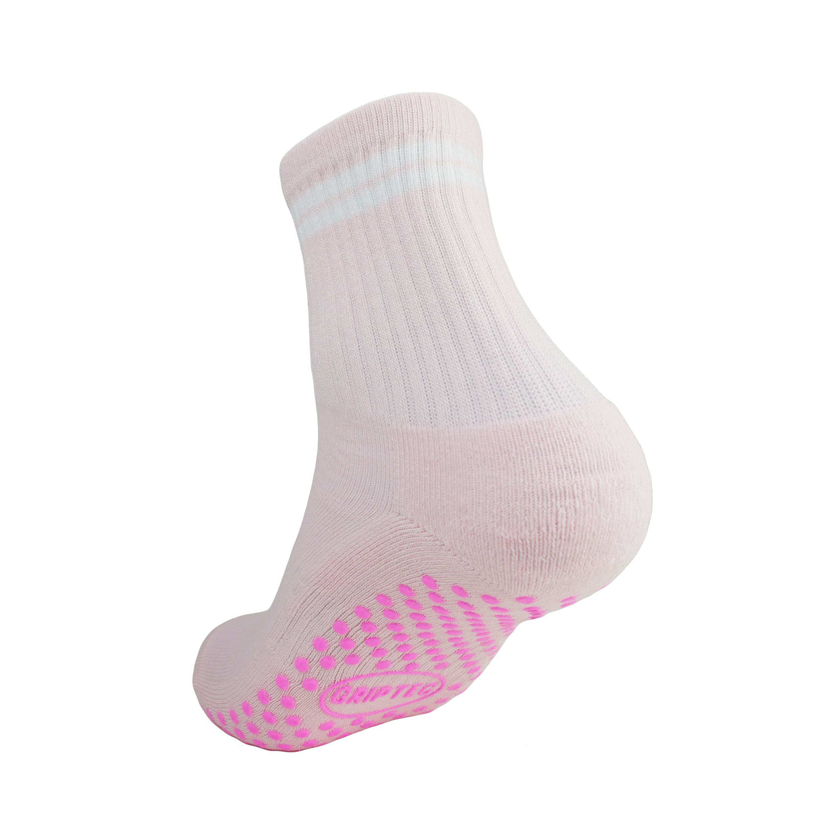 Pink and white GRIPTEC pilates grip socks, back view showing the non-slip sole