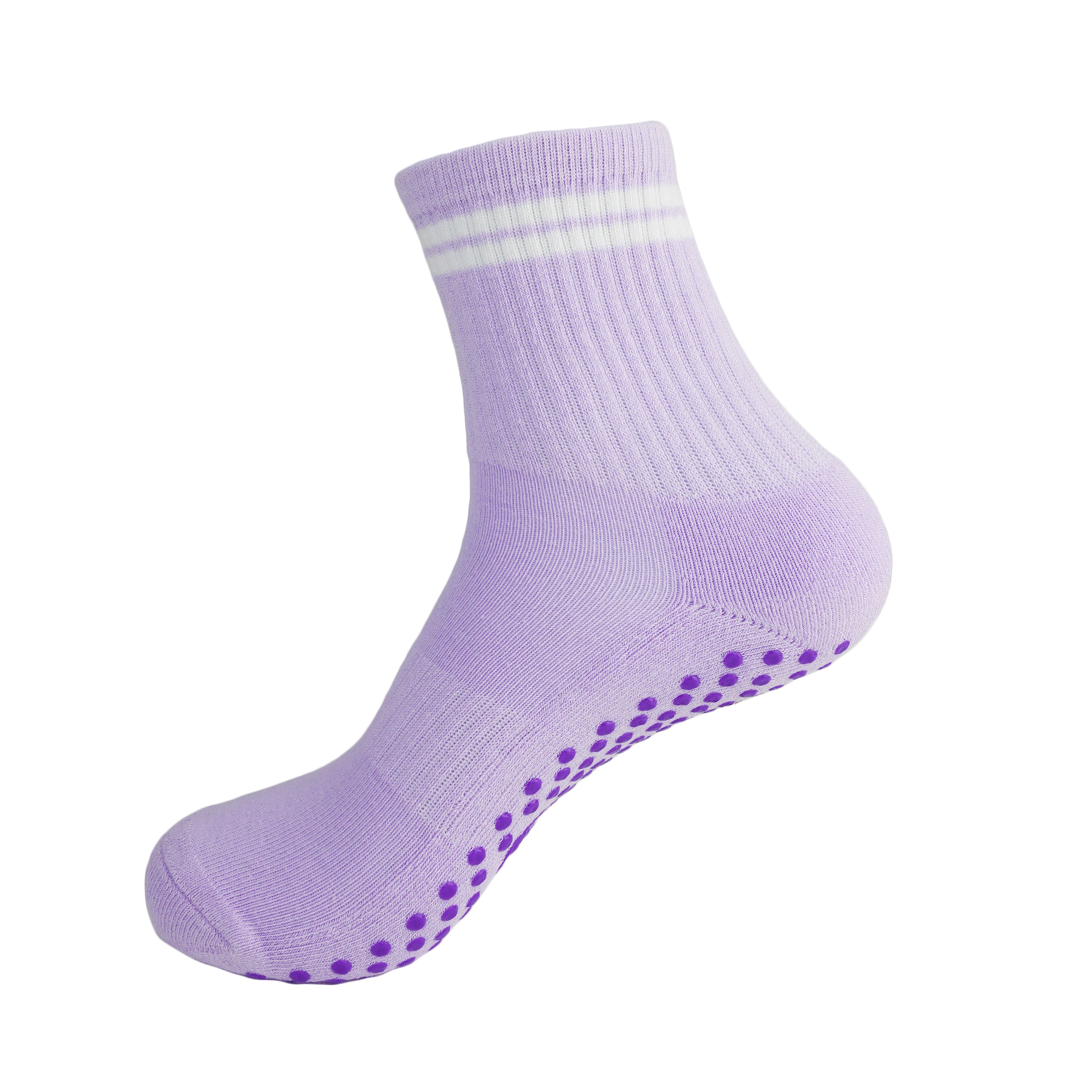 purple and white pilates yoga grip socks side view