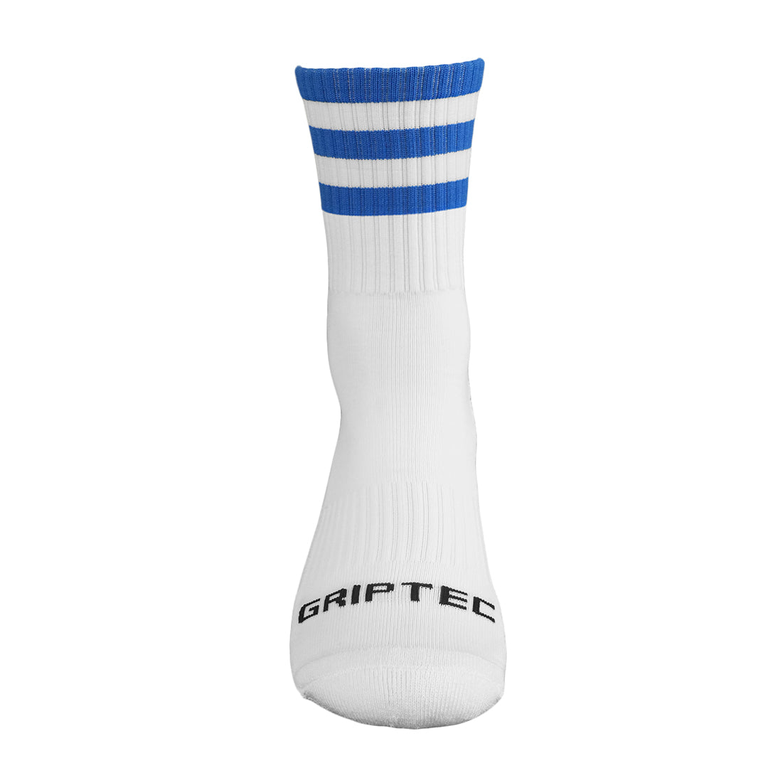 Griptec blue and white gaelic games grip socks front view