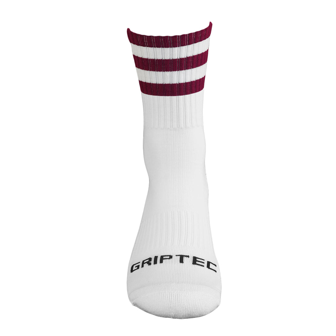Griptec maroon and white gaelic games grip socks front view
