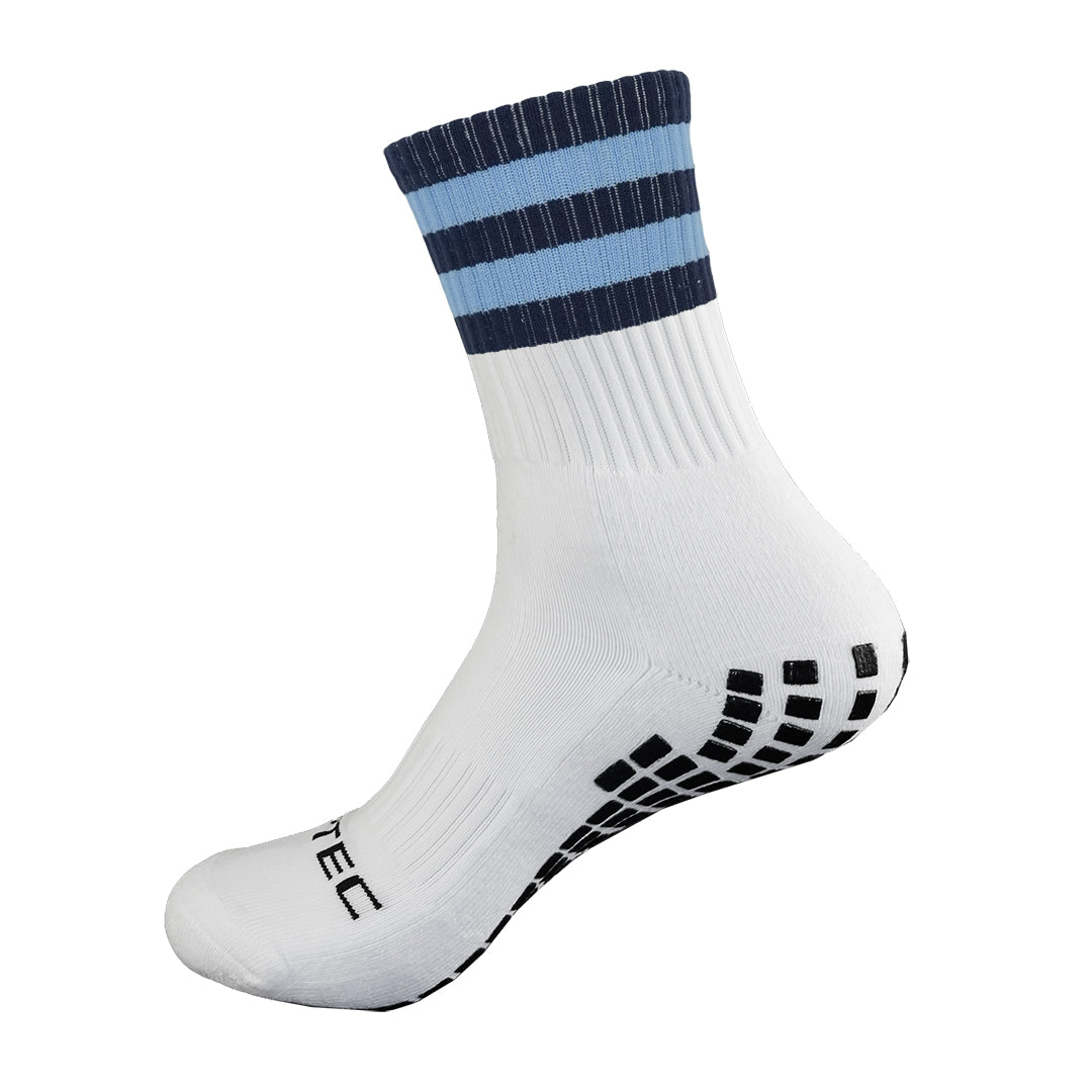 Griptec navy and blue gaelic games grip socks side view