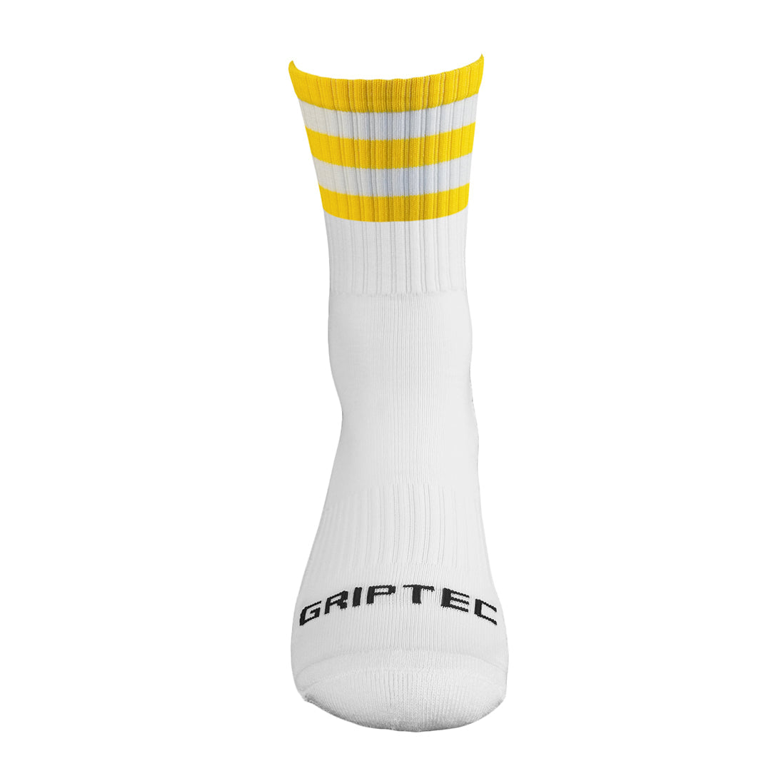 Griptec yellow and white gaelic games grip socks front view