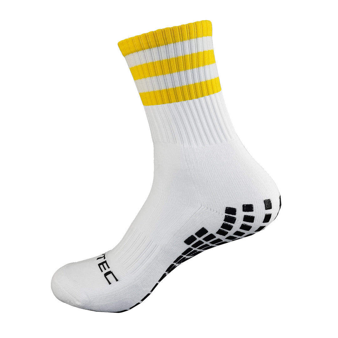 Griptec yellow and white gaelic games grip socks side view