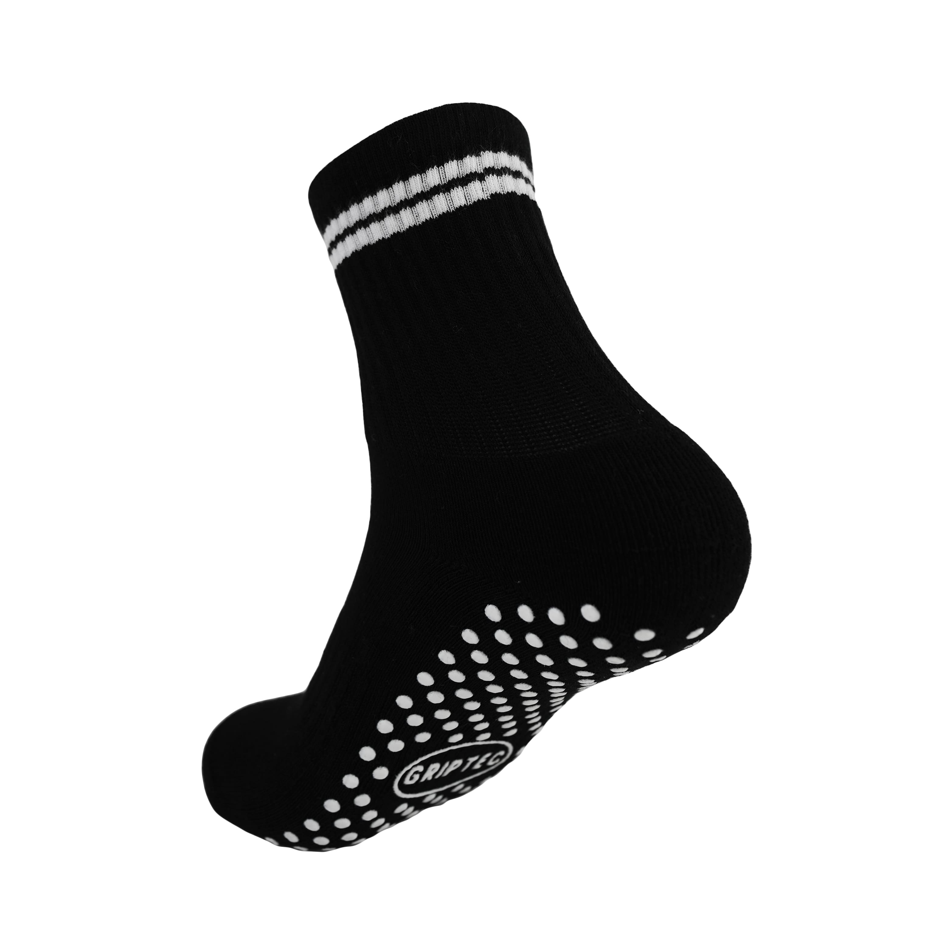 Black and white GRIPTEC pilates grip socks, back view showing the non-slip sole