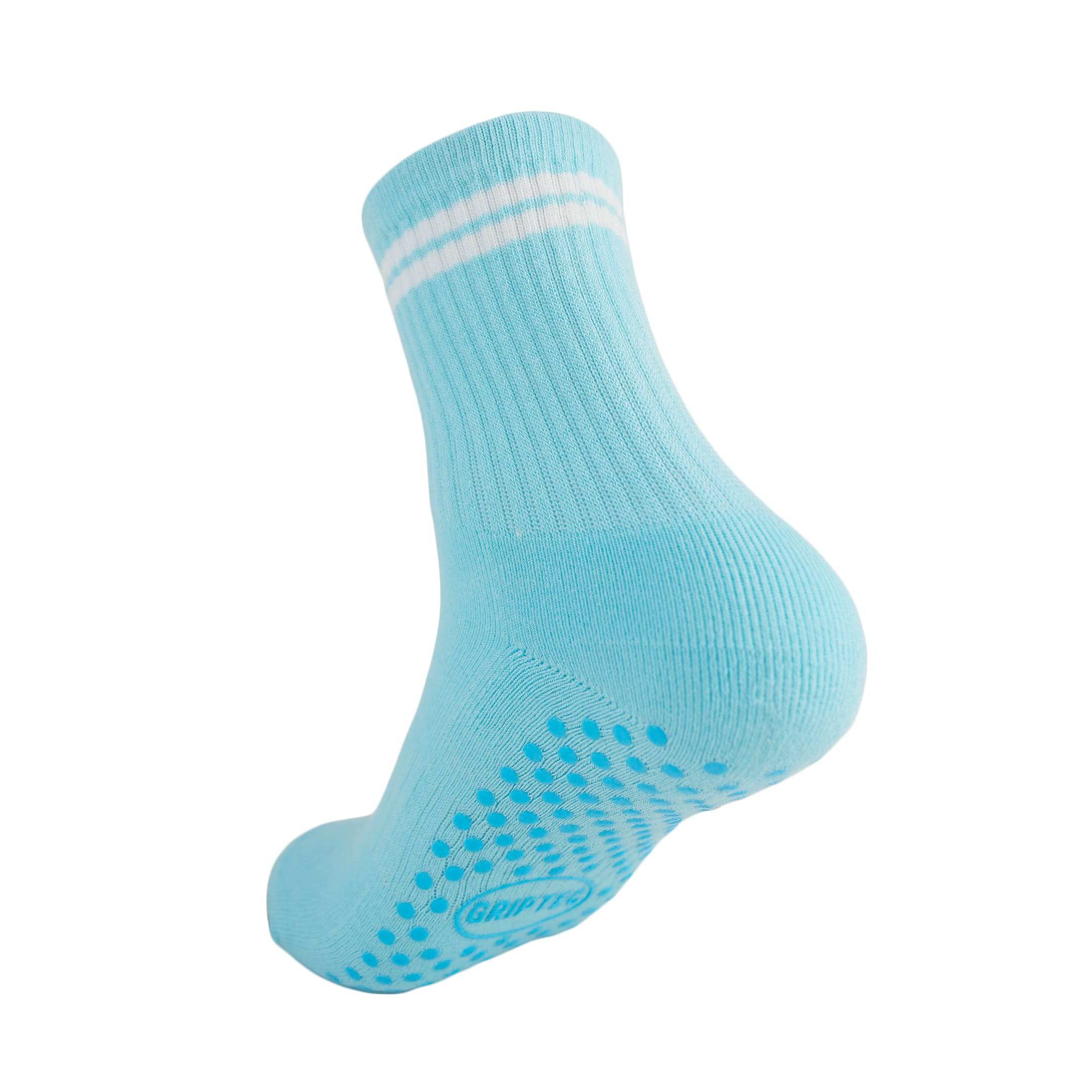 Blue and white GRIPTEC pilates grip socks, back view showing the non-slip sole