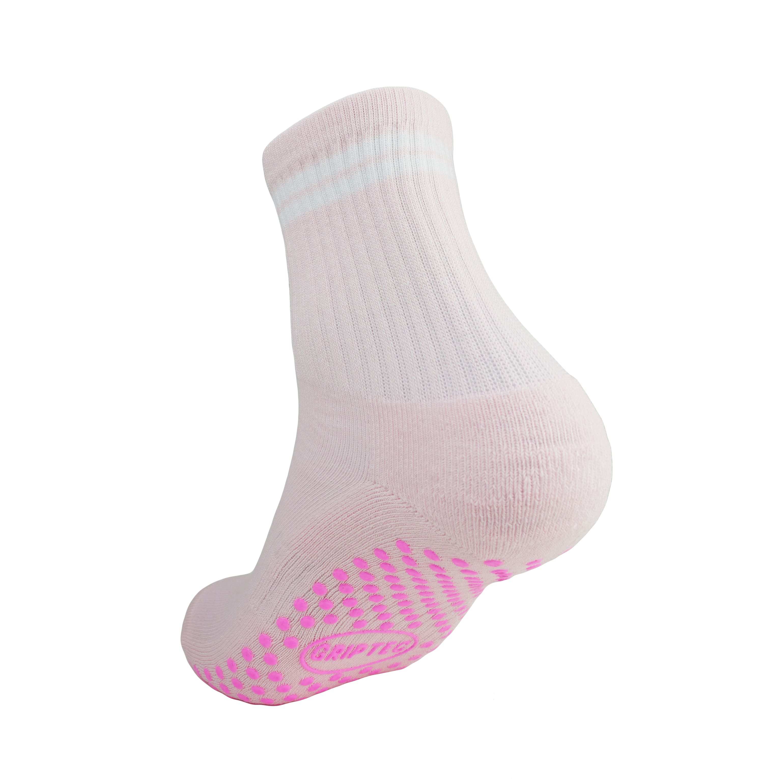 Pink and white GRIPTEC pilates grip socks, back view showing the non-slip sole