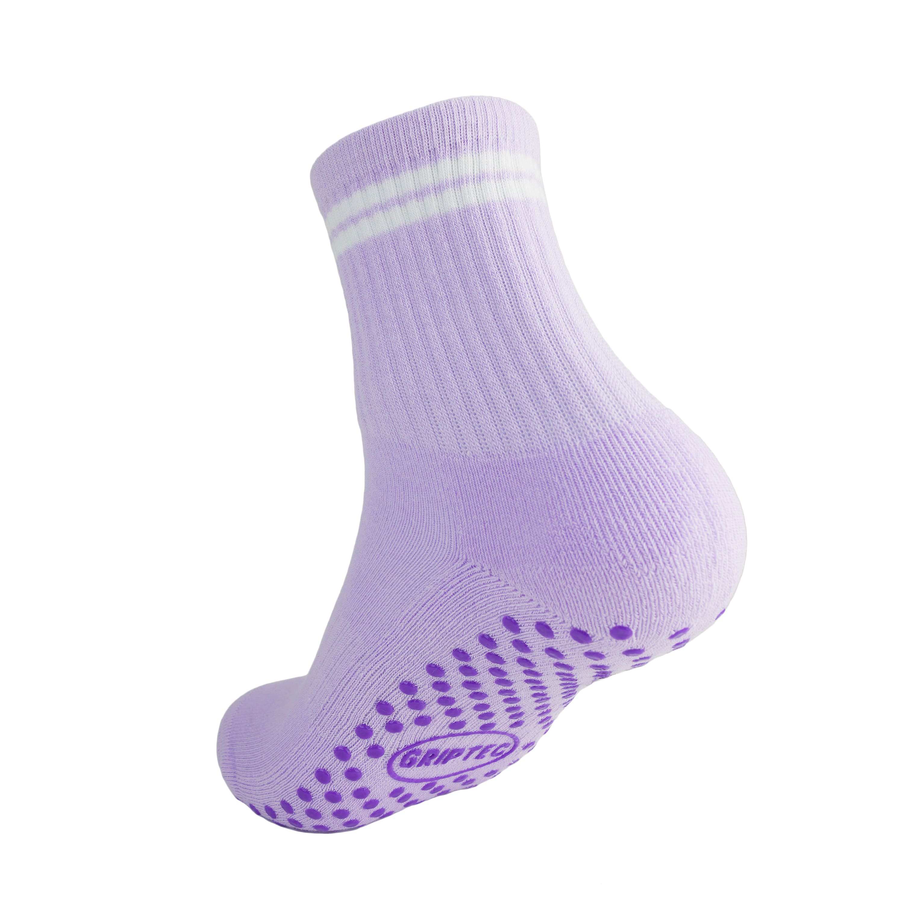 Purple and white GRIPTEC pilates grip socks, back view showing the non-slip sole